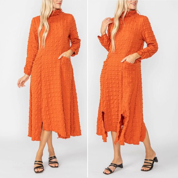 IC Collection Mock Neck Midi Dress Size XS Brick Slits Pockets Lagenlook NEW - Picture 1 of 10